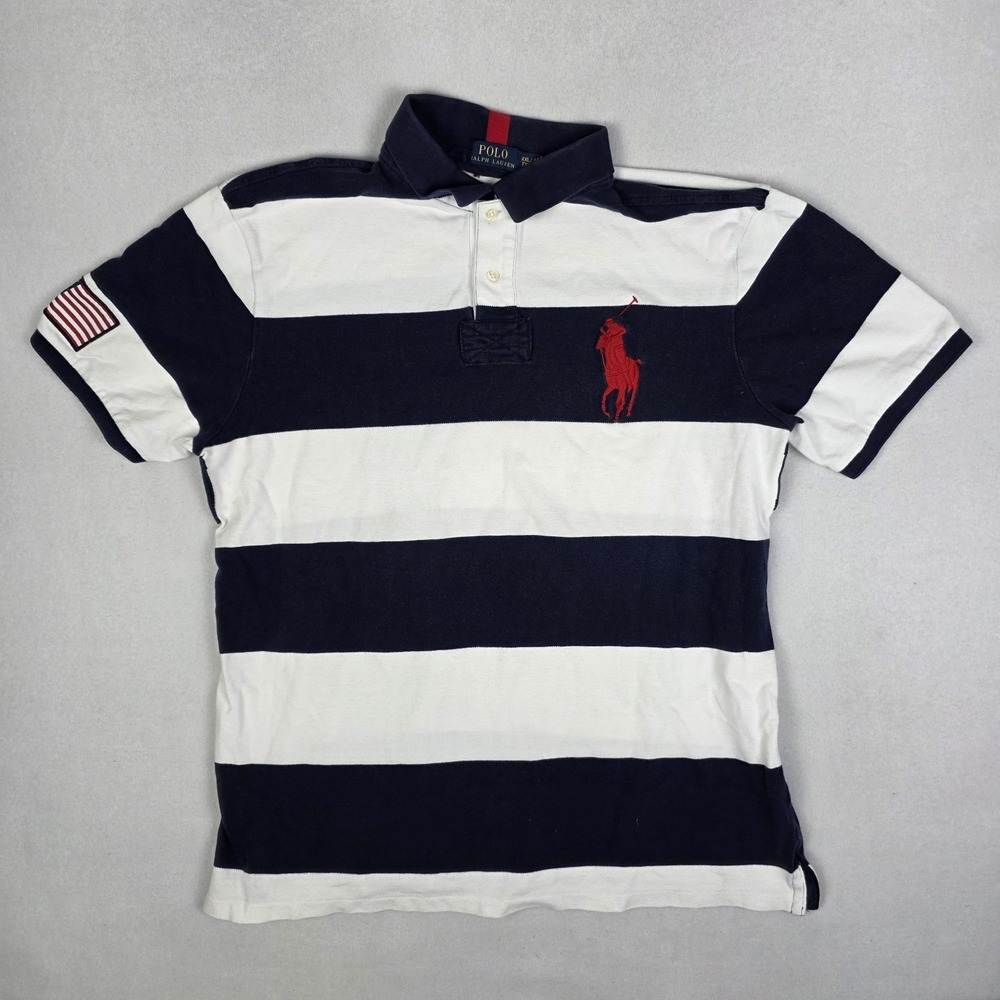Polo Ralph Lauren Rugby Polo Shirt Mens 2XL White Blue Striped Big Pony Flag RL